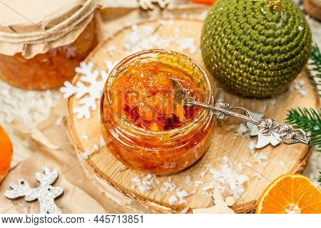 Orange Marmalade Or Orange Jam In Glass Jars. Sweet Confiture With Festive Christmas Decor