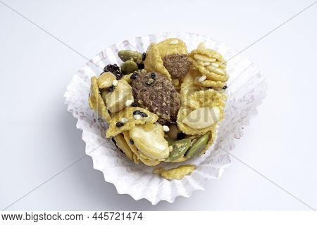 Cereal Cookies In A Paper Cup On A White Background, Pumpkin, Oat Cookies With Cranberries, Cashew N