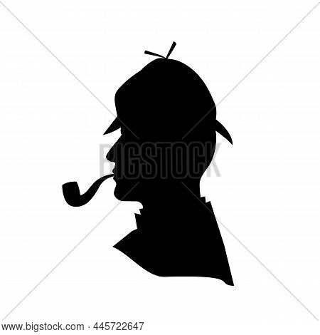 Detective Silhouette Isolated On White Background. Man Smoking Pipe. Vector Stock