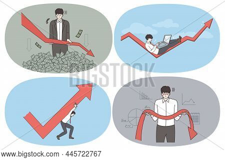 Business Development And Crisis Concept. Set Of Businessmen Losing Money With Decreasing Business Ly