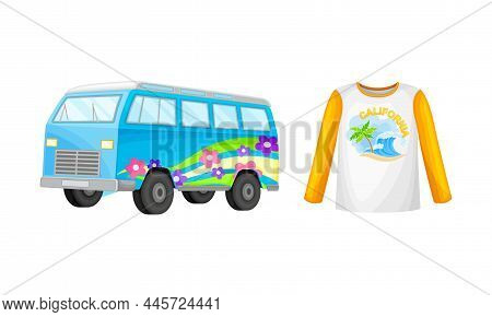 Summer Holiday Objects Set. Vintage Hippie Van And Rashguard Vector Illustration
