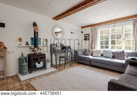 Chilton Street, Suffolk - 20 April 2018: Traditional Style Farmhouse Cottage Living Room Dressed In 