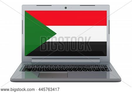 Sudanese Flag On Laptop Screen. 3d Illustration Isolated On White Background
