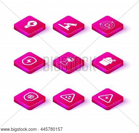 Set Shield Protecting From Virus, Triangle With Radiation, Secure Shield Lightning, Test Tube And Fl
