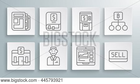 Set Line Bank Building, Financial Book, Trader, Trading Courses, Sell Button, Atm And Money, Blockch