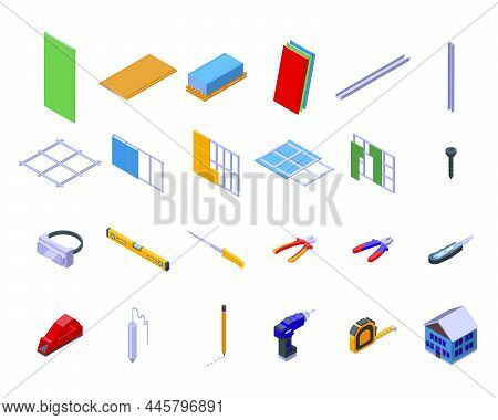 Drywall Icons Set Isometric Vector. House Brush. Plasterboard Construction