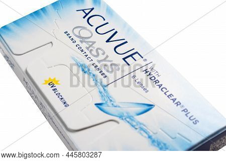 Close-up Of A New Unopened Acuvue Oasys Contact Lens Pack Against A White Background. Russia, Krasno
