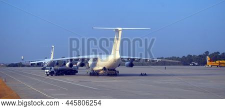 Russian heavy military transport aircraft Ilyushin Il-76 at the International Dalaman airport bring equipment for fiting with forest fires. 5 August 2021.Dalaman, Turkey