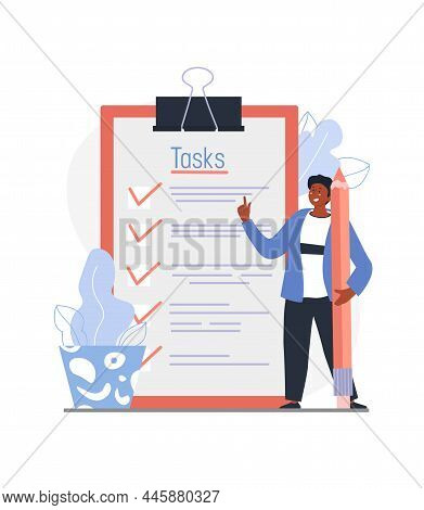 To Do List Concept. Young Smiling Man With Pencil In His Hands Stands Next To Large Completed List O