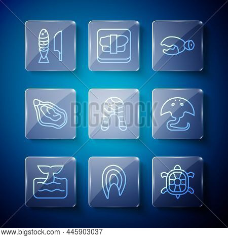 Set Line Whale Tail In Ocean Wave, Fish Steak, Turtle, Lobster Or Crab Claw, Mussel, With Sliced Pie