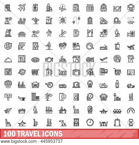 100 Travel Icons Set. Outline Illustration Of 100 Travel Icons Vector Set Isolated On White Backgrou