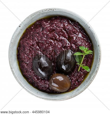Tapenade - Olive Paste Made From Black Olives. Spreadable Black Olive Cream In  Bowl Isolated On Whi