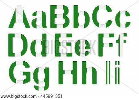 Letters With Nigerian Flag. A, B, C, D, E, F, G, H, I Uppercase And Lowercase Letters. 3d Rendering 