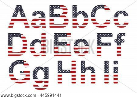 Letters With The United States Flag. A, B, C, D, E, F, G, H, I Uppercase And Lowercase Letters. 3d R