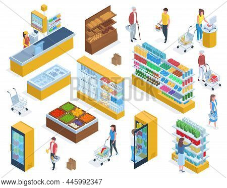 Isometric People Do Grocery Shopping, Supermarket Purchases. Customers Buying Food In Grocery Market