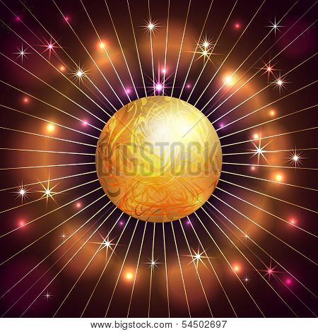 Vector abstract planet, star, rays and fire dark background