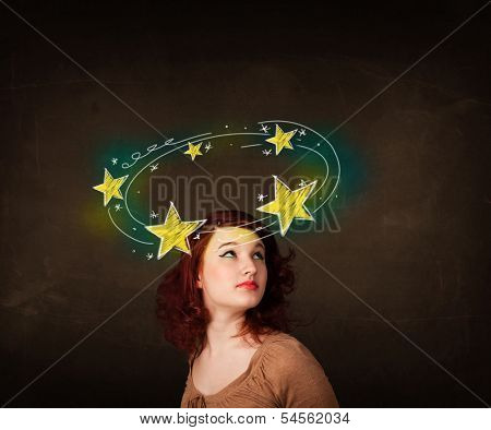 Young girl with yellow stars circling around her head illustration