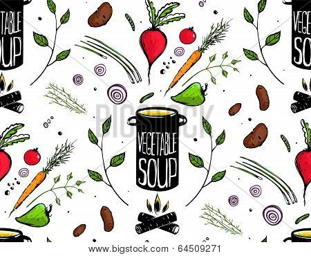 Seamless Pattern Cooking Vegetable Soup