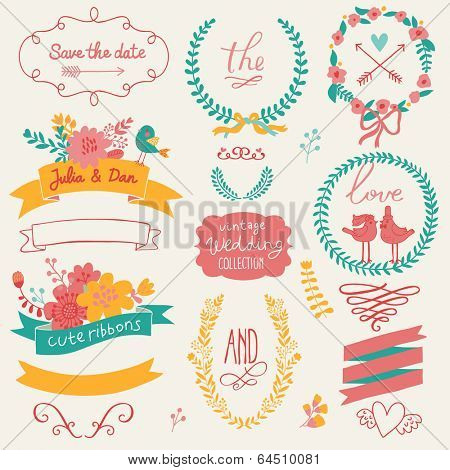 Wedding romantic collection with labels, ribbons, hearts, flowers, arrows, wreaths, laurel and birds. Graphic set in retro style. Save the Date invitation design elements
