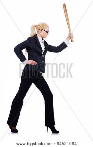 Businesswoman with baseball bat on white