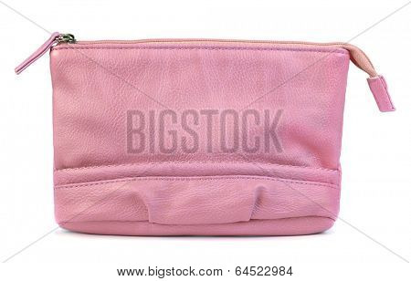 Pink leather makeup bag isolated on white