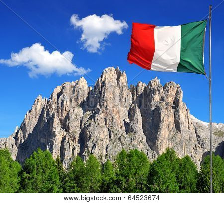 Dolomite peaks, Rosengarten with Italy flag,Val di Fassa, Italy Alps