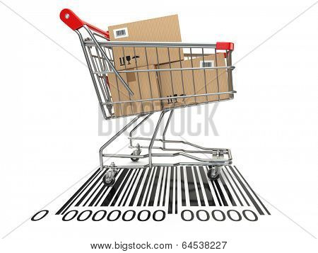 Shopping cart with purchases on bar code. 3d