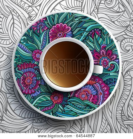 Cup of coffee and floral ornament