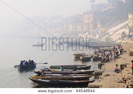 Morning haze at Banaras holy Ghats, Ganges River,India
