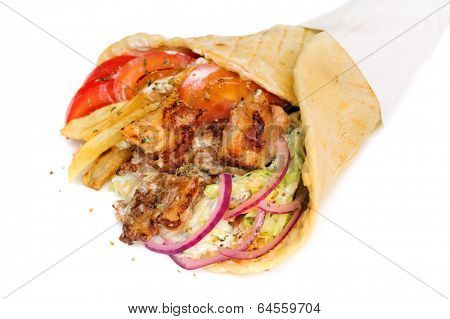 greek gyros stuffed with meat, salad, onion, tomato and potato