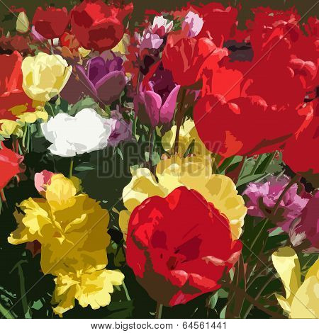 Stylized colorful tulips on grunge stained background