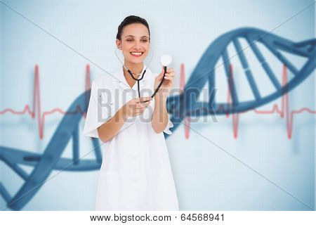 Pretty nurse listening with stethoscope against blue medical background with dna and ecg
