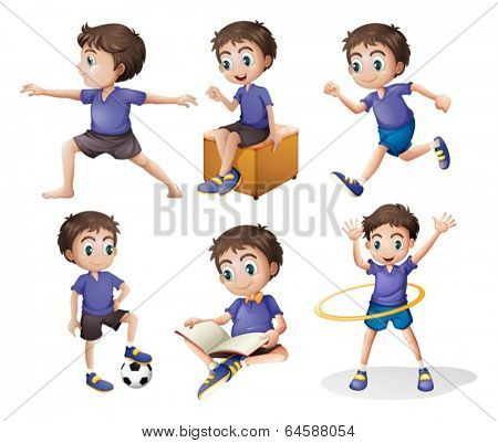 Illustration of the different activities of a young boy on a white background