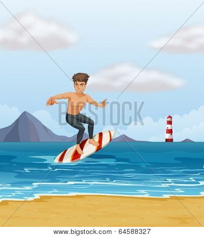 Illustration of a boy surfing at the beach
