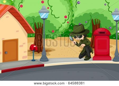 Illustration of a detective at the road with a magnifying lens