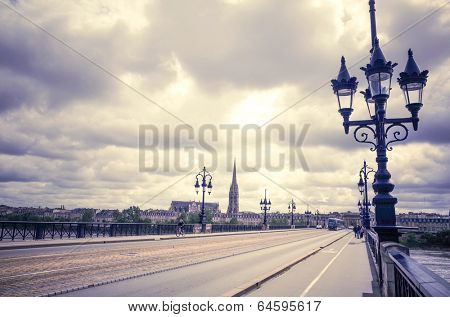 Bordeaux river bridge with St Michel cathedral 