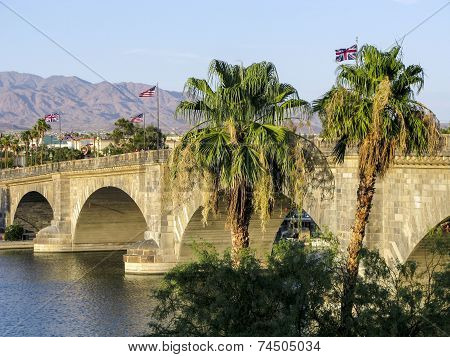 LAKE HAVASU, USA - AUG 5, 2009: London Bridge in Lake Havasu old historic bridge rebuilt with original stones in America