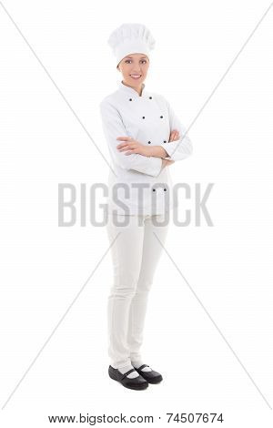 Full Length Portrait Of Young Woman Chef  Isolated On White