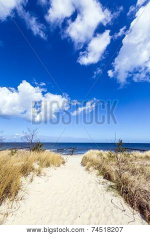 Levee With Sandy Path To Beach At Baltic Sea