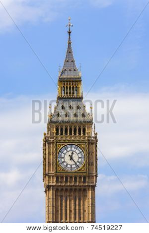 Clock face on the famous landmark clock tower known as Big Ben in London, England. Part of the Palace of Westminster also known as the Houses of Parliament