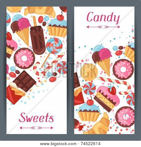 Vertical banners with colorful candy, sweets and cakes.