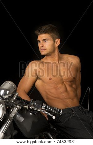 Man No Shirt Motorcycle Black Lean Look Side Close