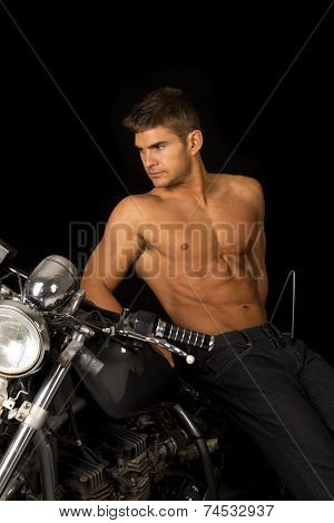 Man No Shirt Motorcycle Black Lean Look Side