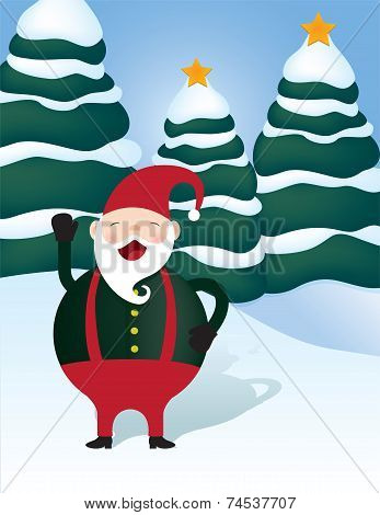 Santa elf in a snowy field of Christmas trees