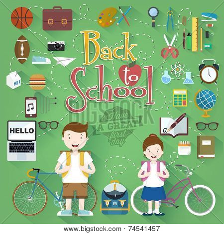 Back To School Typographical Background With Flat Icon Set, Vintage Ornaments, All for the beginning