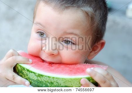 Boy Eating Watermelon Red