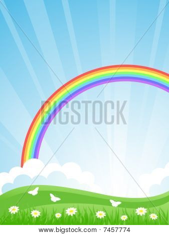 Estate paesaggio con arcobaleno.
