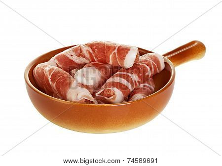 Sausages Wrapped In Bacon In A Frying Pan, Chevapchichi On White Background