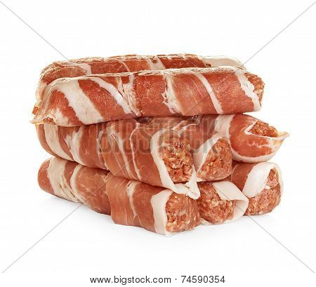 Sausages Wrapped In Bacon, Chevapchichi Isolated On White Background