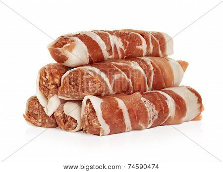 Sausages Wrapped In Bacon, Chevapchichi Isolated On White Background